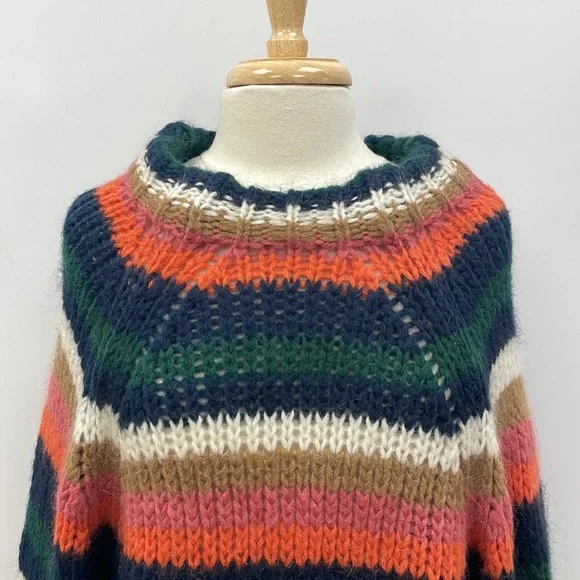 Zara Striped Slouchy Chunky Knit Balloon Sleeve Crop Sweater Retro Boho Small - Picture 4 of 12